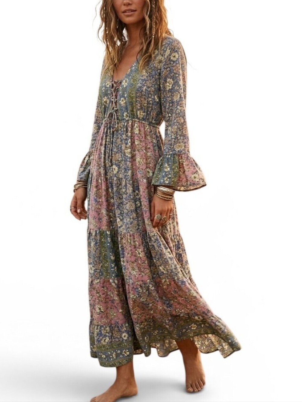 Anthropologie Boemo Romantic Lace Up Floral Long Sleeve Maxi Dress Green Pink MP